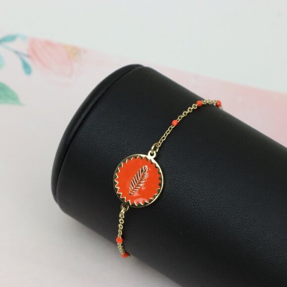 Gold Plated Yellow Bracelet with Orange Leaf Charm, Adjustable Size, XPBL0629 - Picture 6 of 12